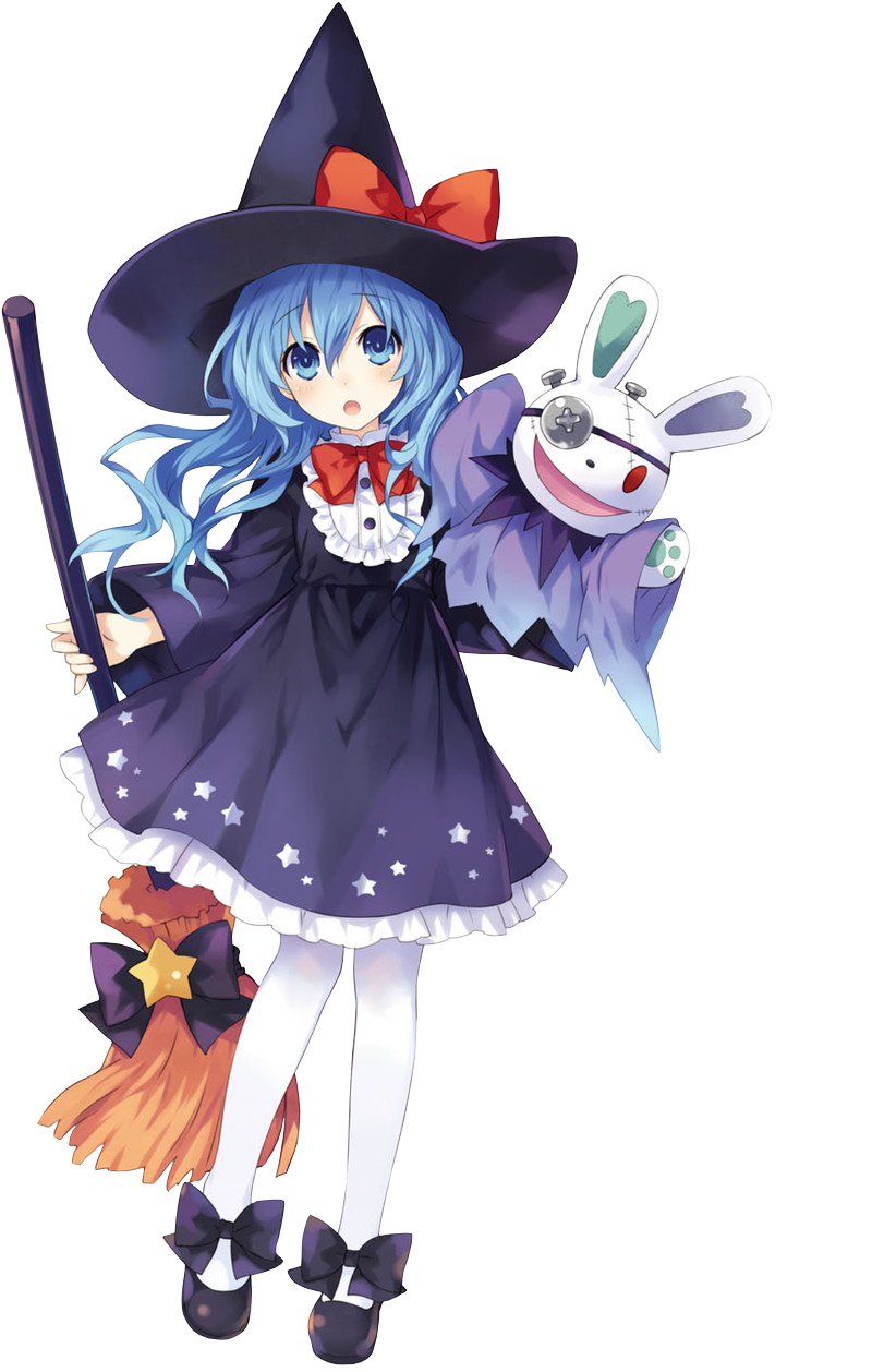 [TSDM]donmai 1512950 1girl blue_eyes blue_hair broom date_a_live halloween_costume hand_puppet hat highres pantyhose puppet ribbon solo tsunako witch_hat yoshino_(date_a_live)