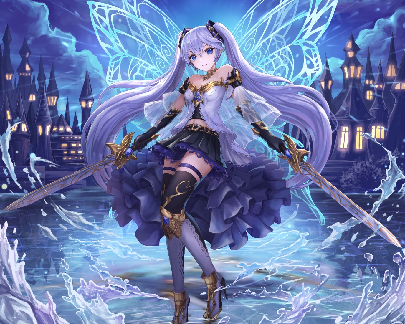 Konachan.com - 239862 aliasing blue_eyes building clouds cropped gloves long_hair lunacle navel night skirt sky sword thighhighs twintails vocaloid water weapon wings - 副本